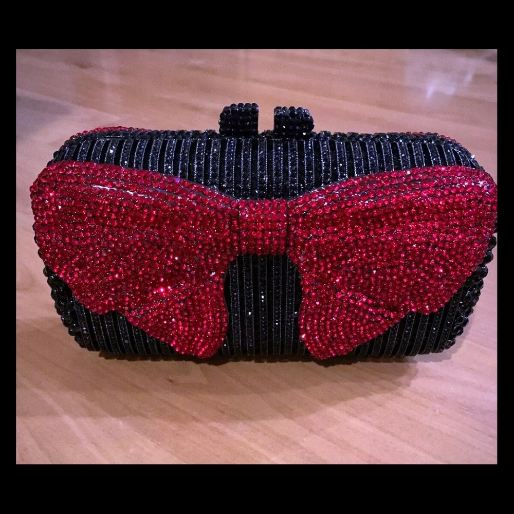 Black And Red Crystal Gunmetal Tone Bow Clutch